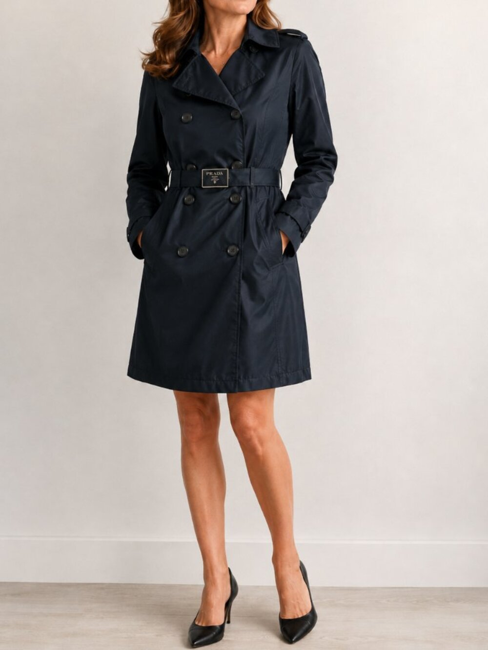 Prada Black Double-Breasted Nylon Trench Coat with Logo Belt - Picture 6 of 6
